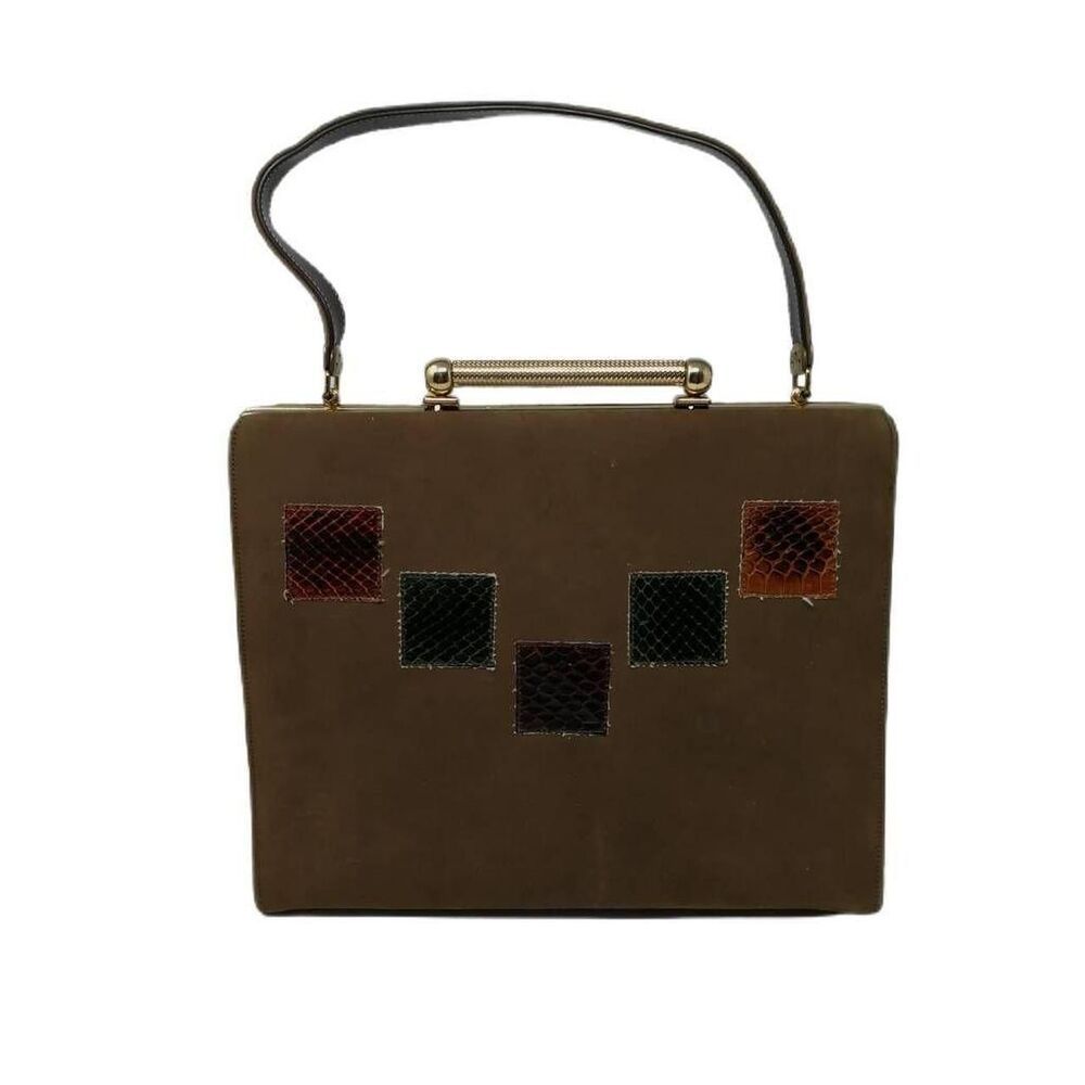 Vintage 1950s 1960s Structured Brown Snakeskin Patch Handbag